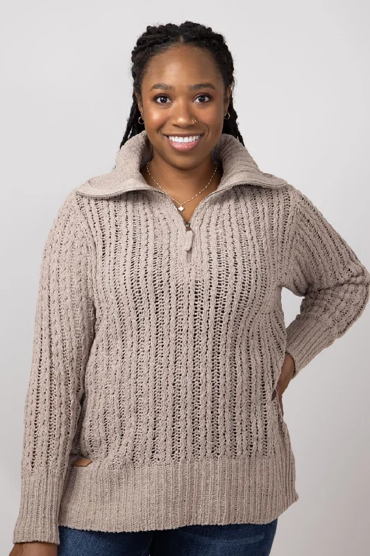Simply Southern So Soft Quarter Zip Sweater for Women in Tan | PP-0224-SWTR-SOSFT-TAN Slim Fit Regular Fit Oversized