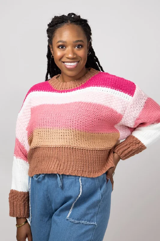 Simply Southern Striped Cropped Sweater for Women in Cranberry | PP-0224-SWTR-CLRSTRP-CRNBRRY Turtle Neck Boat Neck Asymmetrical Neck