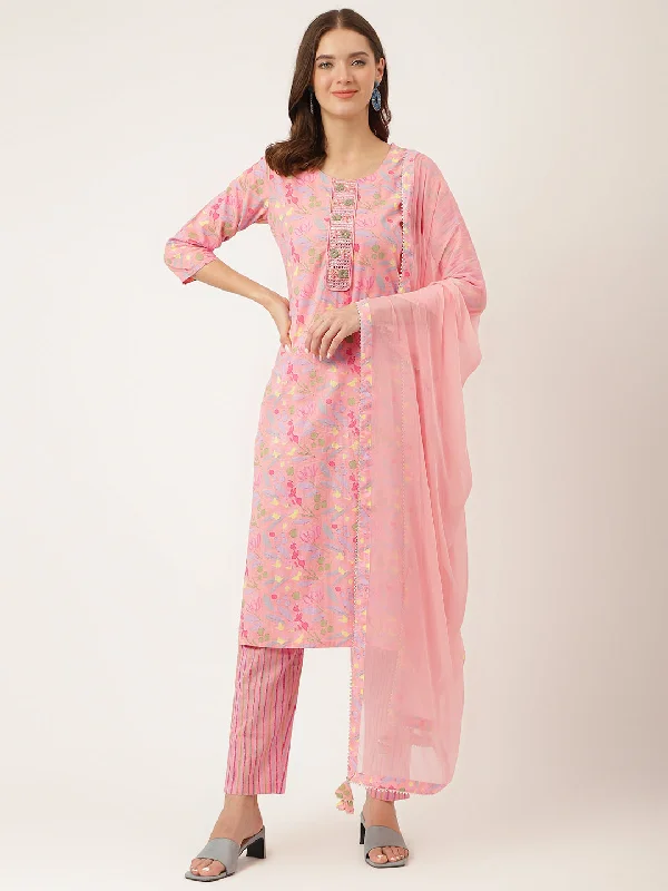 Divena Pink Floral Print Cotton  Kurta, Trouser With Dupatta Trousers Solid Black
