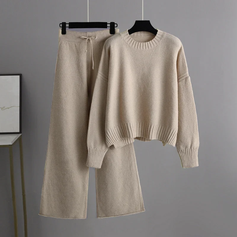 Winter Two Piece Knitted Set Women Outfit Casual Fashion Loose Sweater Wide Leg Pants Elegant Two-piece Tracksuits Suit L B-44585 Zippered Front Buttoned Front Snap Front