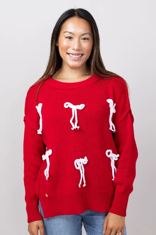 Simply Southern Bows Sweater for Women in Red | PP-0224-SWTR-CABLEKNIT-RED Real Fur Shearling Chenille