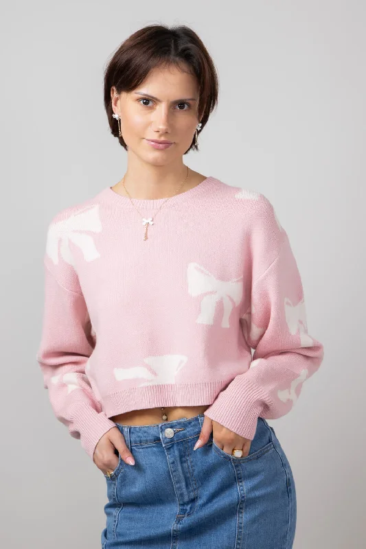 White Bow Sweater for Women in Pink | IWT4021-PINKWHITE Ribbed Striped Patterned