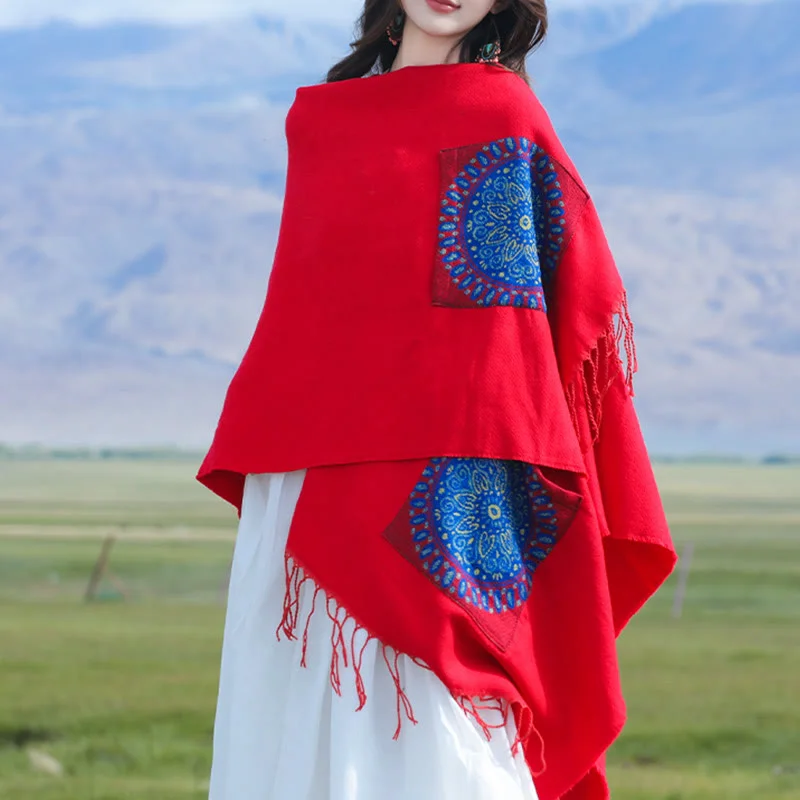 Buddha Stones Tibetan Geometric Round Mandala Pattern Tassels Shawl Fall Winter Cozy Scarf Wrap With Pockets Warm Knit Shawl Scarf