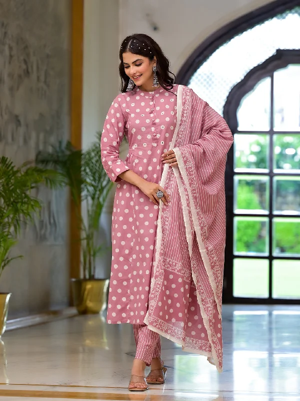 Divena Light Pink Printed Pure Cotton Straight Kurta & Trouser with Dupatta Trousers Cargo pockets