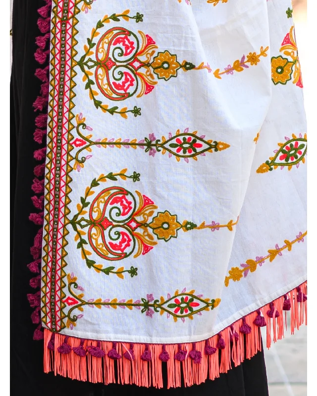 Women's Off-White Heavily Aari Embroidered Khadi Shawl/Dupatta With Wine Cotton Tassel - MESMORA FASHION Classic Shawl with Tassels Women's Off-White Heavily Aari Embroidered Khadi Shawl/Dupatta With Wine Cotton Tassel - MESMORA FASHION Classic Shawl with Tassels