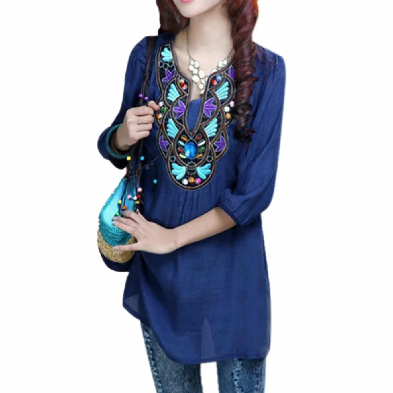 Women Boho Ethnic Embroidery Long Tops Blouse 3/4 Sleeve Pullover Shirt Oblong Neck Pullover