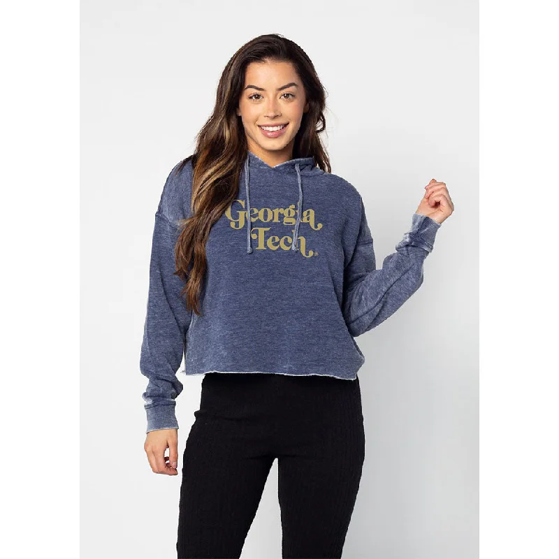 Ladies Georgia Tech Campus Cropped Hooded Sweatshirt Hoodie with Hem Ribbing Snug Secure