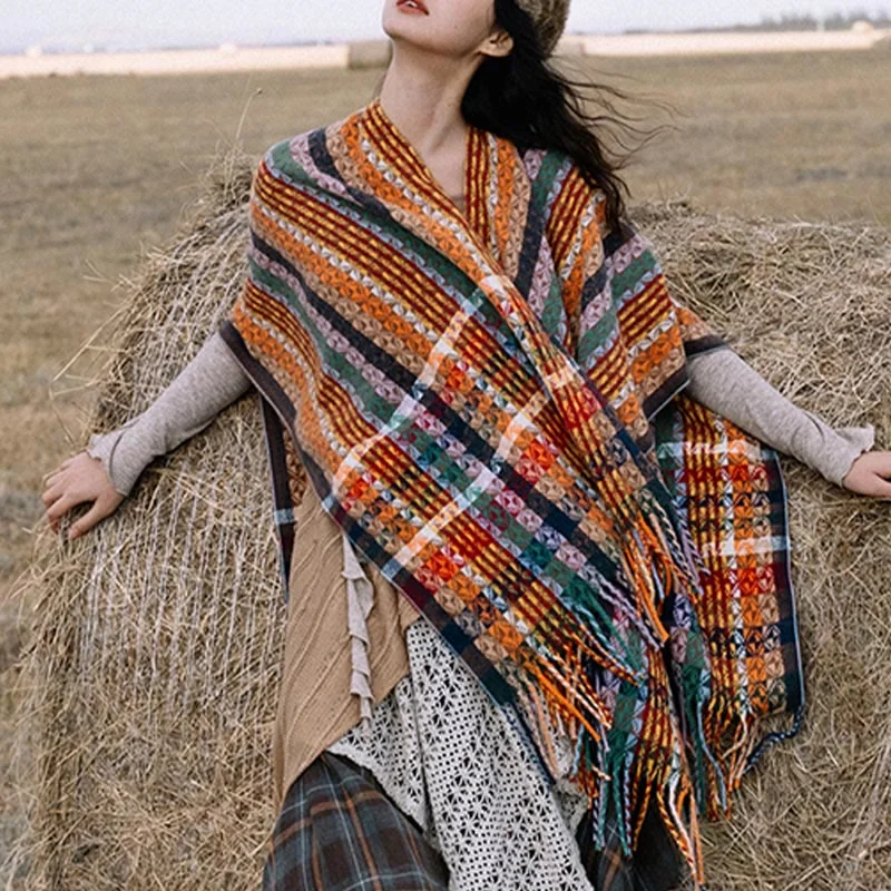 Buddha Stones Tibetan Colorful Stripe Geometry Tassels Shawl Fall Winter Soft Scarf Wrap Classic Lace Shawl Wrap