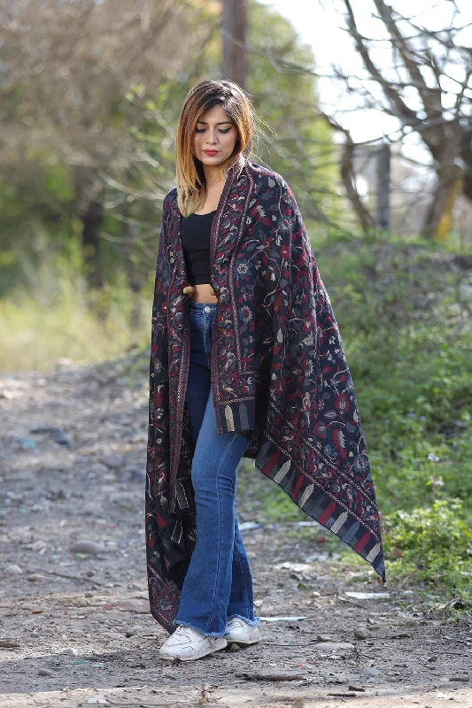 Ravishing Black Color Kashmiri Shawl With Zari & Kani Work Fashionable Silk Shawl Wrap