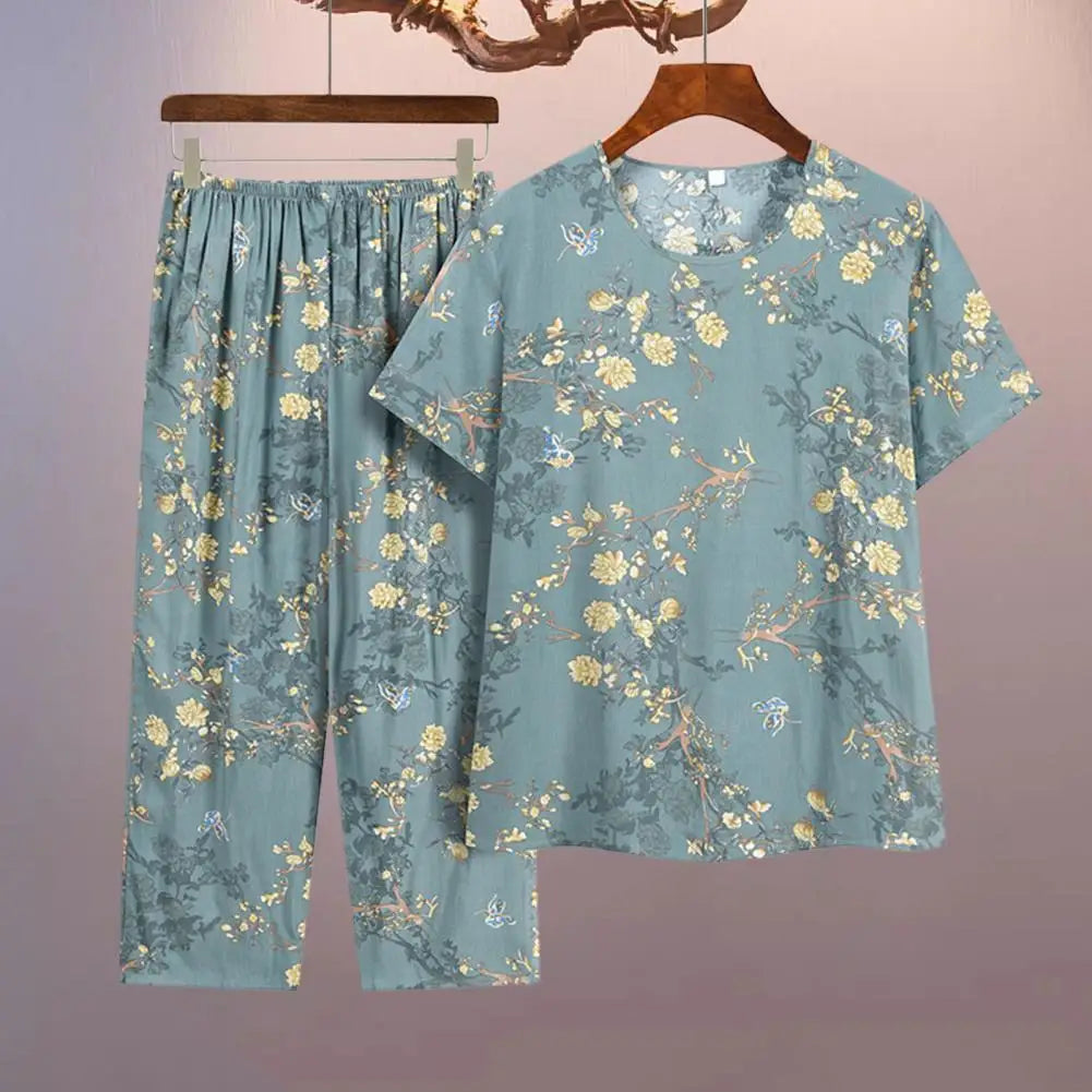 Ladies Pajamas Suit Floral Print Mid-aged Women's Pajama Set with Wide Leg Trousers Elastic Waist Comfortable for Grandmothers Trousers sophisticated sleek