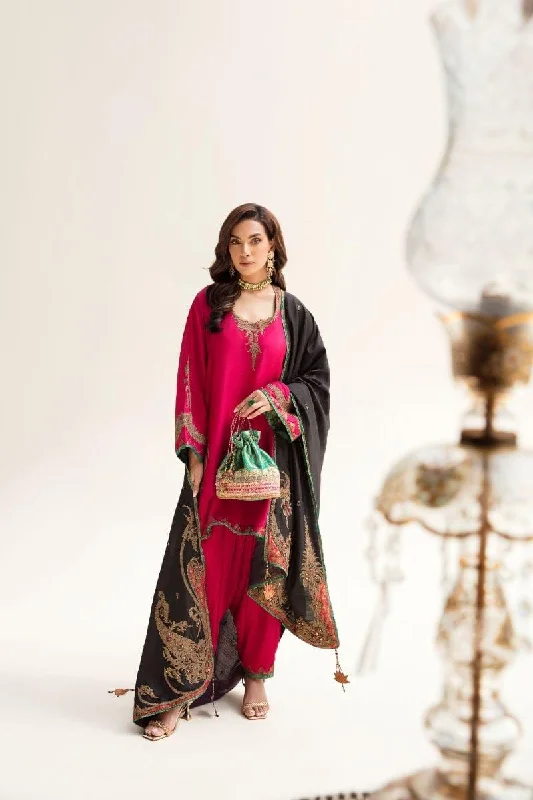 Nilofer Shahid - Raw Silk Kurta & Crushed Silk Shalwar with Fuchsia Black Raw Silk Shawl - 3 Piece Fashionable Wool Blend Shawl