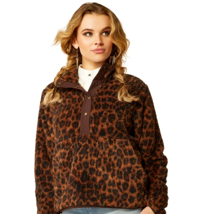 Ariat Ladies Berber Snap Front Sweatshirt Leopard Hoodie with Frayed Bohemian Relaxed