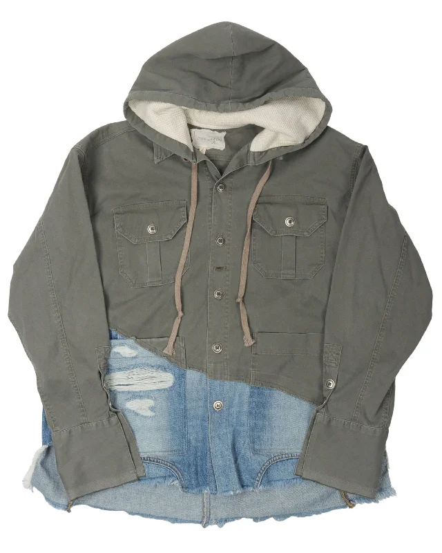 Reconstructed Denim Button Up Hoodie Hoodie with Hidden Zipper Minimalist Clean