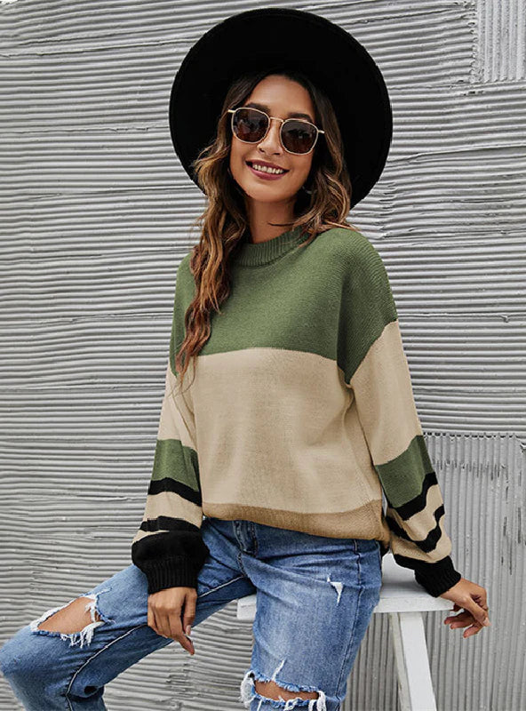 LOOSE ROUND NECK STRIPED PULLOVER Box Sleeve Comfort
