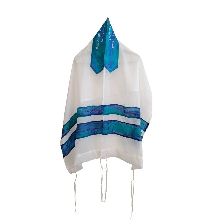 Turquoise Silk Stripes Girls Tallit, Bat Mitzvah Tallis Tzitzit, Women's Tallit Prayer Shawl Trendy Chunky Knit Shawl