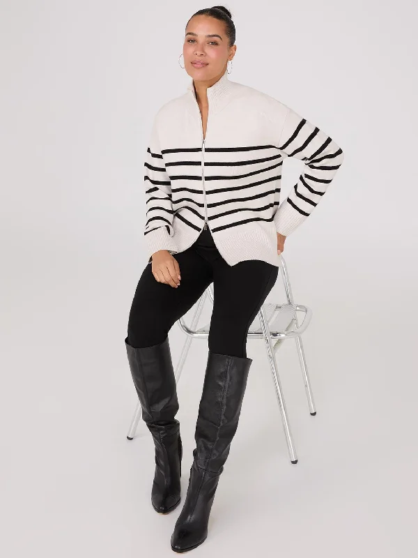 Striped Zip-Front Sweater Chenille Brocade Lace