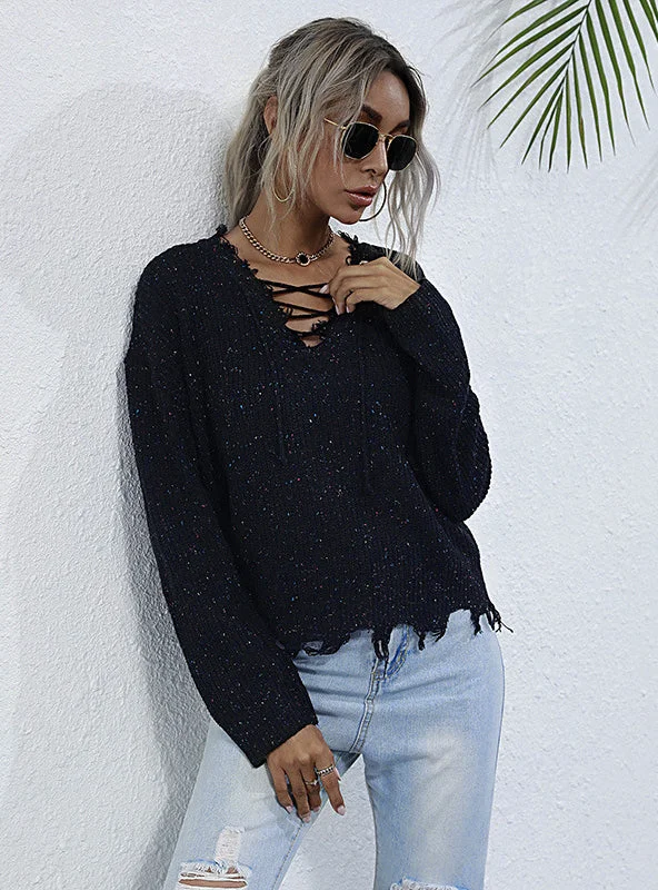 KNITTED V-NECK TASSEL PULLOVER SWEATER Slit Sleeve Stylish