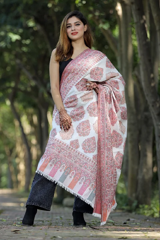 WHITE COLOUR SHAWL WITH ZARI & KANI WORK DEFINES ROYAL AND LUXURIOUS EXTREMELY COMFORTABLE FOR ALL EVENTS Cozy Plaid Wool Shawl