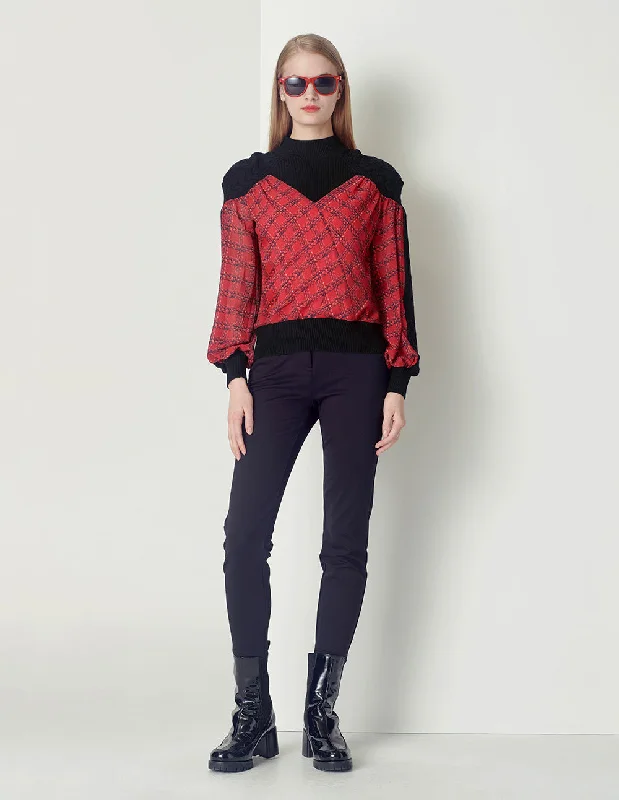 Maryling Red And Black Plaid Turtleneck Black Print Pullover Bardot Neck Top