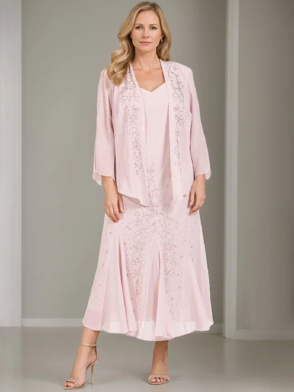 A-Line/Princess 2 Pieces V-Neck Tea-Length Plus Size Mother of the Bride Dresses with Jacket & Sequins Tiered Jacket Buttoned Jacket Zippered Jacket A-Line/Princess 2 Pieces V-Neck Tea-Length Plus Size Mother of the Bride Dresses with Jacket & Sequins Tiered Jacket Buttoned Jacket Zippered Jacket