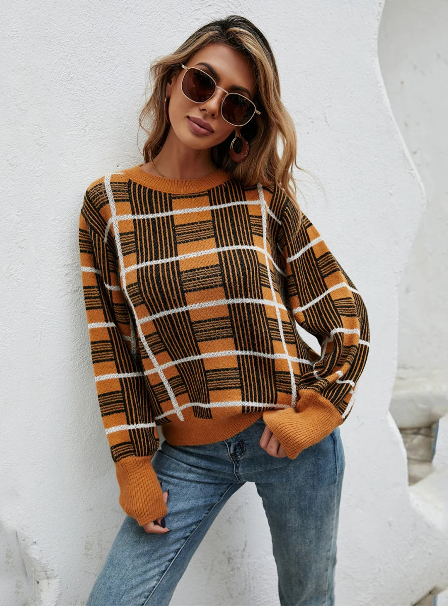 FASHION WOMEN CHEQUER PULLOVER SWEATER Sheath Sleeve Elegant