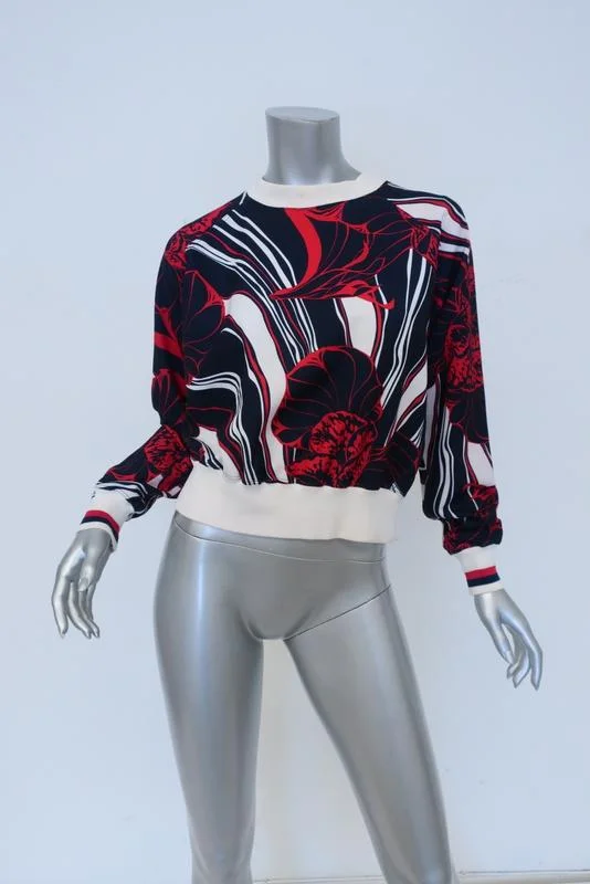 Warm Top Navy/Red Floral Print Stretch Polyester Size 1 Crewneck Pullover dolman Sleeve Top