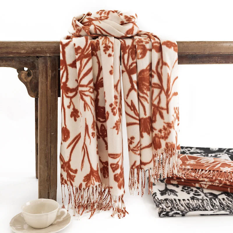 Buddha Stones Tibetan Shawl Blooming Flower Branches Print Tassels Fall Winter Cozy Warm Scarf Wrap Stylish Oversized Wool Shawl