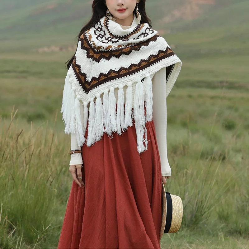 Buddha Stones Tibetan Triangular Shawl Striped Tassels Winter Cozy Travel Scarf Wrap Elegant Pashmina Shawl Cape