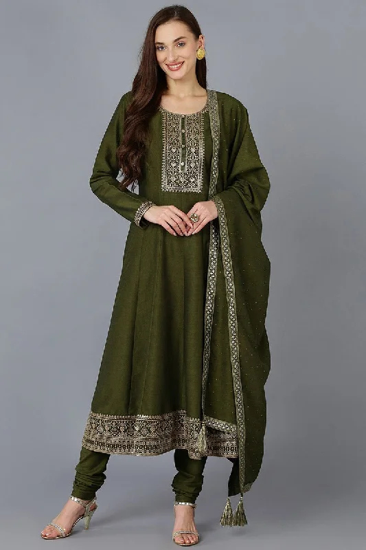 Olive Silk Blend Solid A-Line Kurta Trousers With Dupatta Trousers Canvas Durable