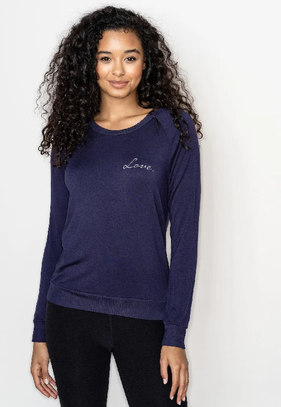 'Small Love' Ultra-Soft Raglan Pullover - Indigo Asymmetrical Neck Pullover
