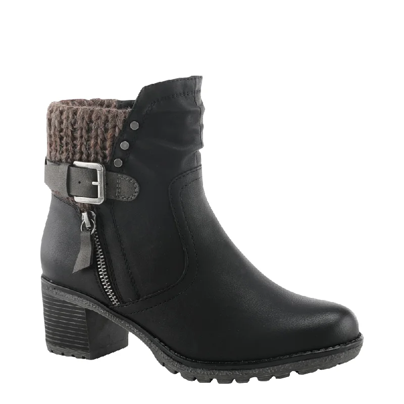 Spring Step Women's Rene Water Resistant Side Zip Sweater Cuff Heeled Boot in Black Beaded Sweater Sequined Faux Fur