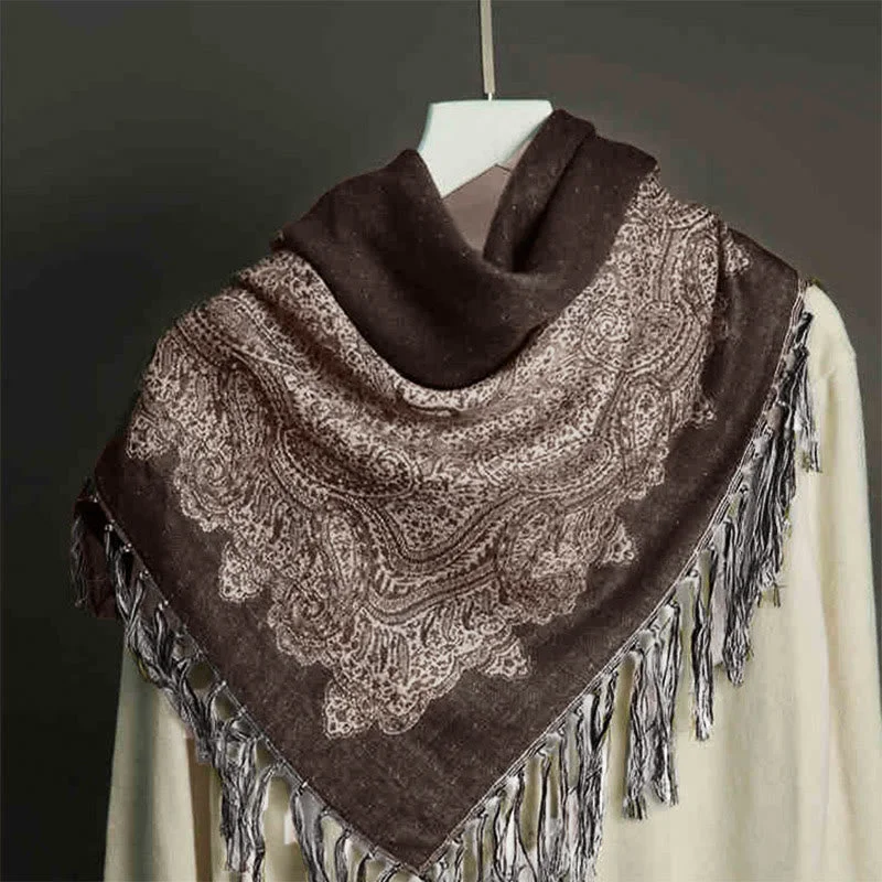 Buddha Stones Tibetan Cashew Jacquard Colorful Flower Print Tassels Shawl Fall Winter Soft Warm Scarf Wrap Luxurious Silk Shawl Cape