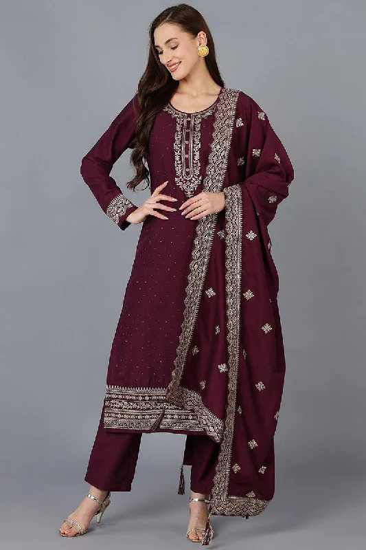 Burgundy Silk Blend Solid Straight Kurta Trousers With Dupatta Trousers Lace Delicate