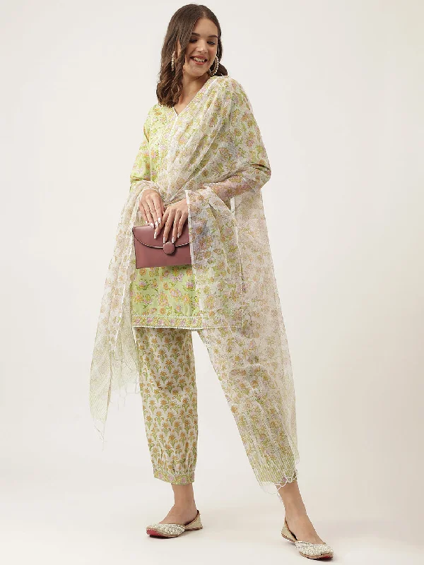 Divena Green Floral Printed Cotton Straight Short Kurta, trousers with Dupatta Set Trousers Spring Floral