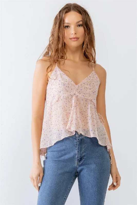 Floral Print V-Neck Criss-Cross Back Flare Tank Top cotton tank top