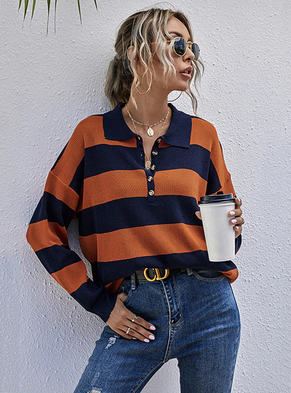STRIPED PULLOVER BUTTON SWEATER Three Quarter Sleeve