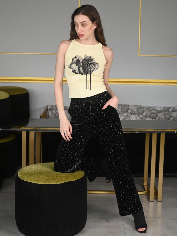 Odette Black Velvet Lycra Printed Trouser for Women Trousers Plaid Checkered