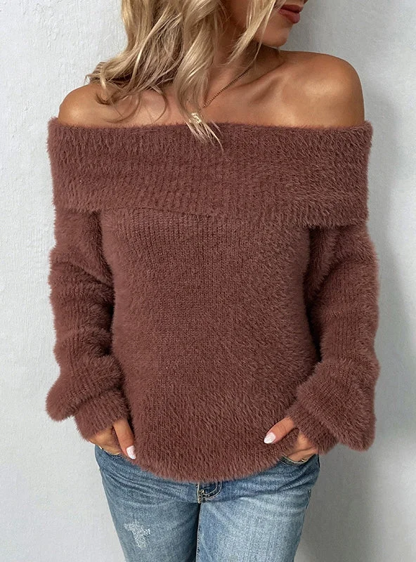SEXY PULLOVER LANTERN SLEEVE SWEATER Open Neck Pullover