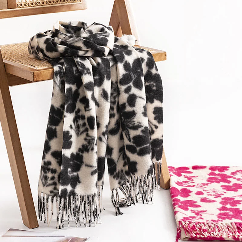 Buddha Stones Tibetan Rose Flower Branches Print Tassels Shawl Fall Winter Soft Warm Scarf Wrap Stylish Chunky Wool Shawl