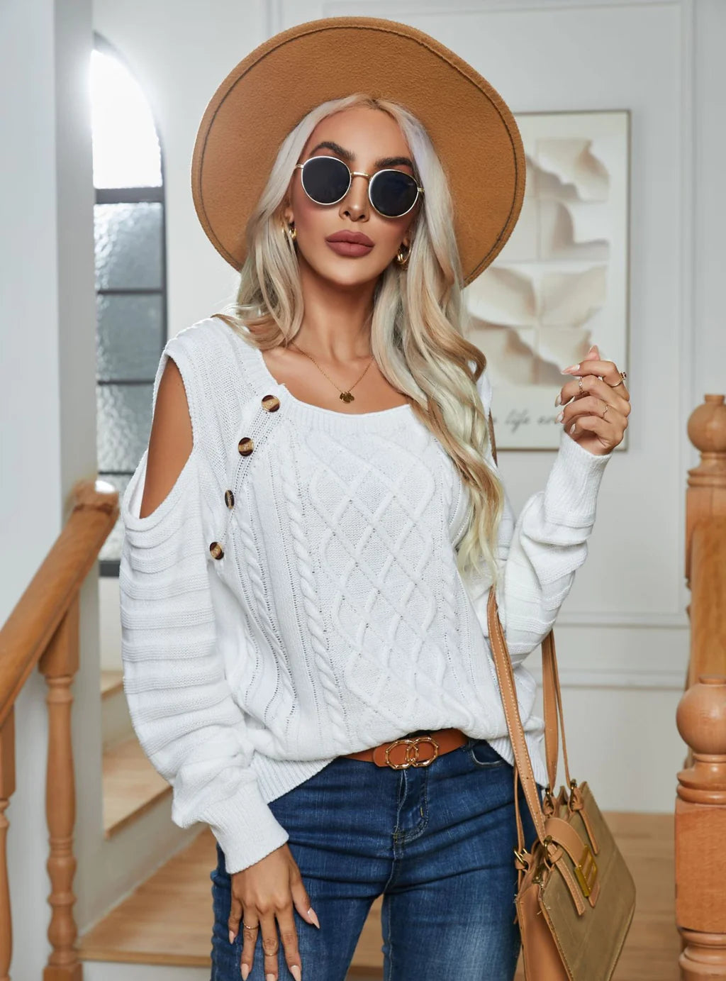 FASHION BUTTON LONG SLEEVE KNITTED PULLOVER SWEATER Slouchy Comfort Pullover