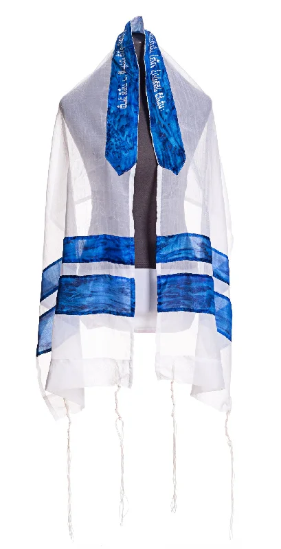 Sea Blue Silk Stripes Tallit, Women's Tallit Prayer Shawl Tzitzit Soft Knit Shawl Poncho