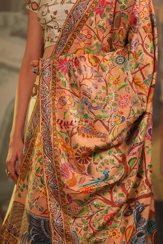 Pashtush Womens Fine Wool Shawl, Nalki Embroidery Peacock Design, Multicolour Lightweight Summer Shawl