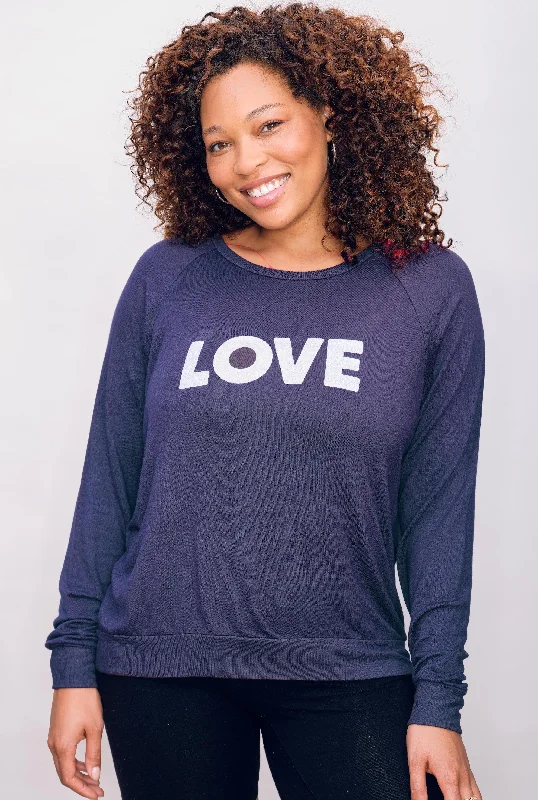 'LOVE' Ultra-Soft Raglan Pullover - Spellbound Blue Bateau Neck Pullover