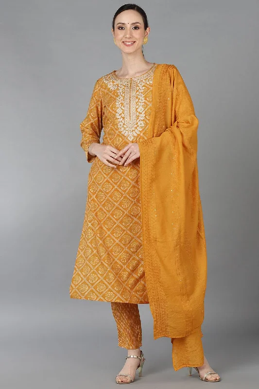 Orange Silk Blend Bandhani Straight Kurta Trousers With Dupatta Trousers Fleece Cozy