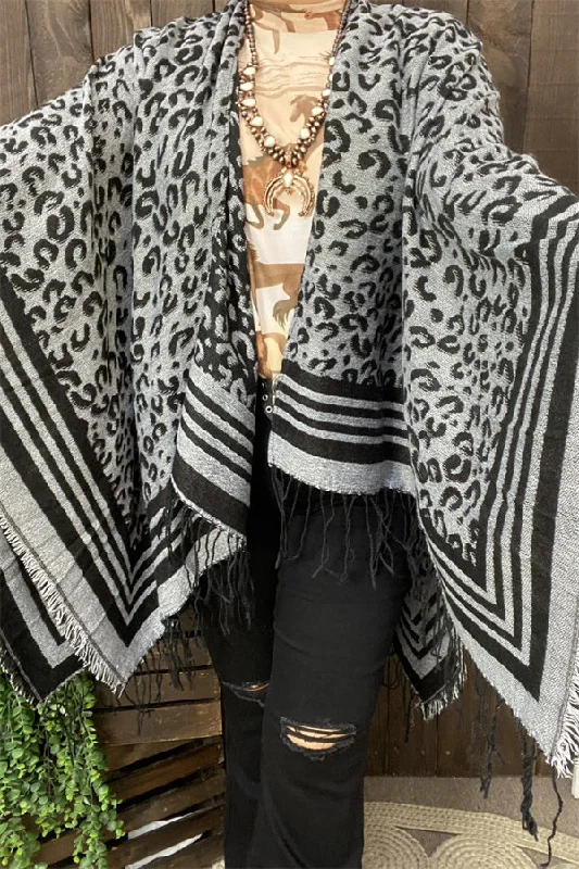 LW11392 Grey &black leopard knitted women shawl w/tassels&fringe Trendy Floral Print Shawl