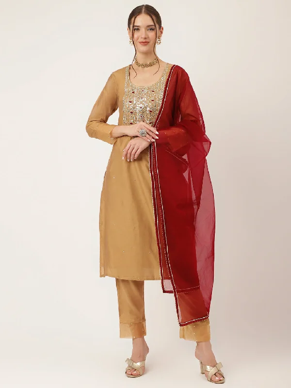Divena Brown Embroidered Chanderi  Kurta, Trouser With Dupatta Trousers Formal Black