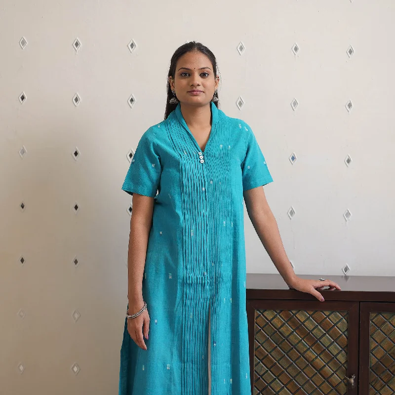 Blue - Shawl Neck Handwoven Cotton Jamdani Kurta 22 Lightweight Silk Shawl