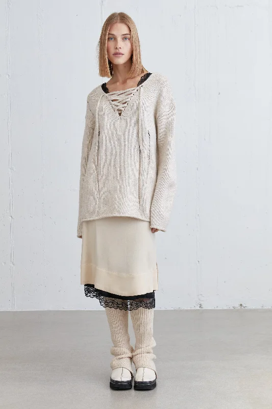 LACE-UP DISTRESSED SWEATER Toggled Drawstring Belted