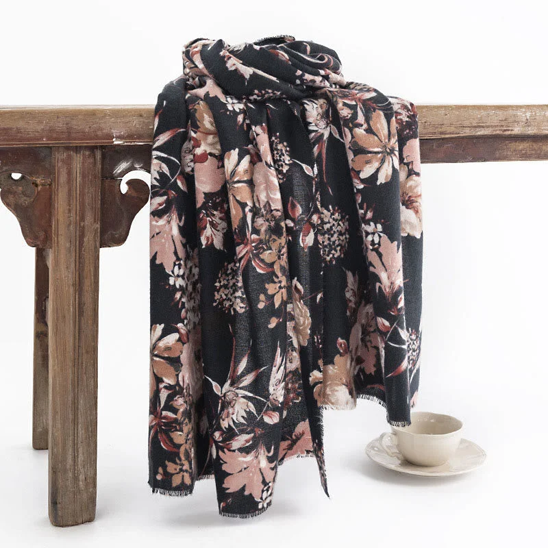 Buddha Stones Tibetan Blooming Chrysanthemum Rose Flower Print Shawl Fall Winter Soft Warm Scarf Wrap Cozy Knit Shawl Scarf