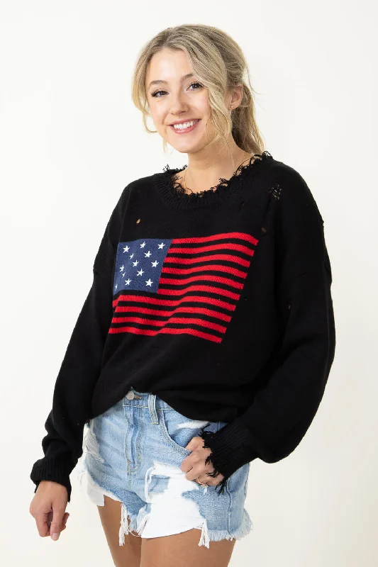 Miracle American Flag Distressed Sweater for Women in Black | L2402-BLACK Sequined Glittery Shiny